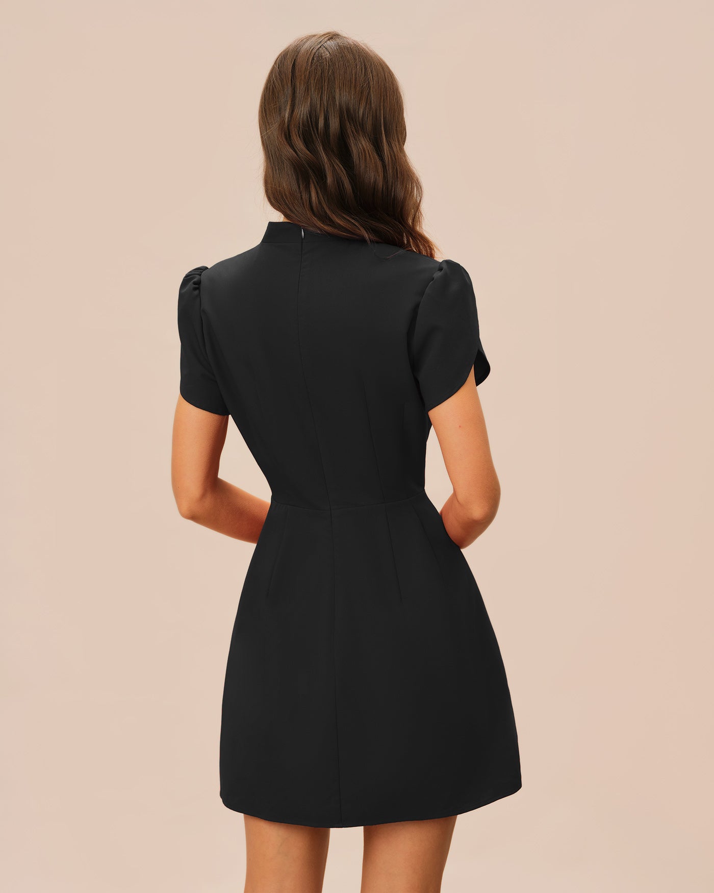 Black Mandarin Collar Mini Dress with Petal Sleeves