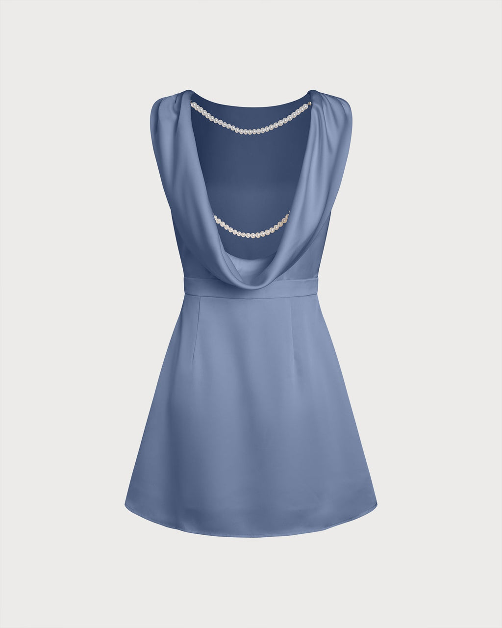Mini Dress in Pearl Satin with Blue Boat Neck