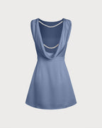 Mini Dress in Pearl Satin with Blue Boat Neck
