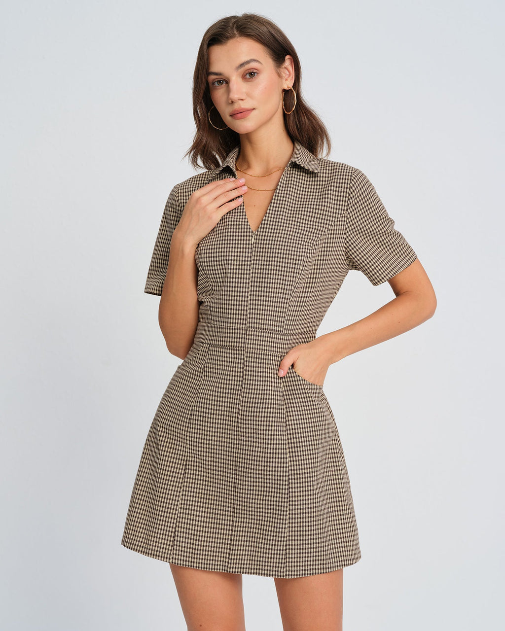 Mini Dress with Brown Plaid Collar
