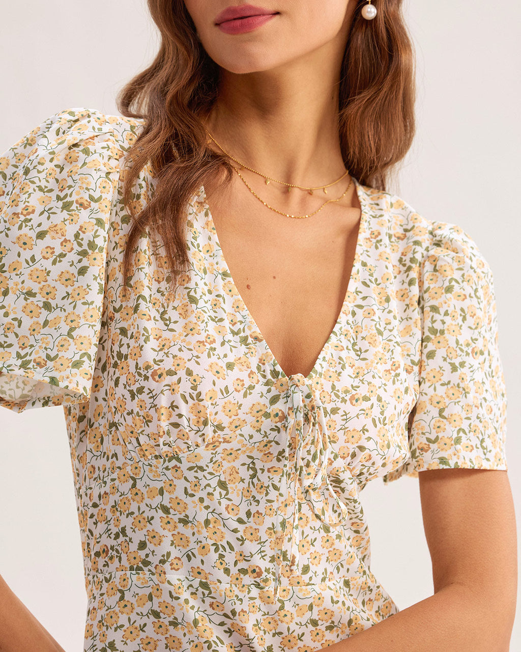 Floral V-Neck Mini Dress in Yellow