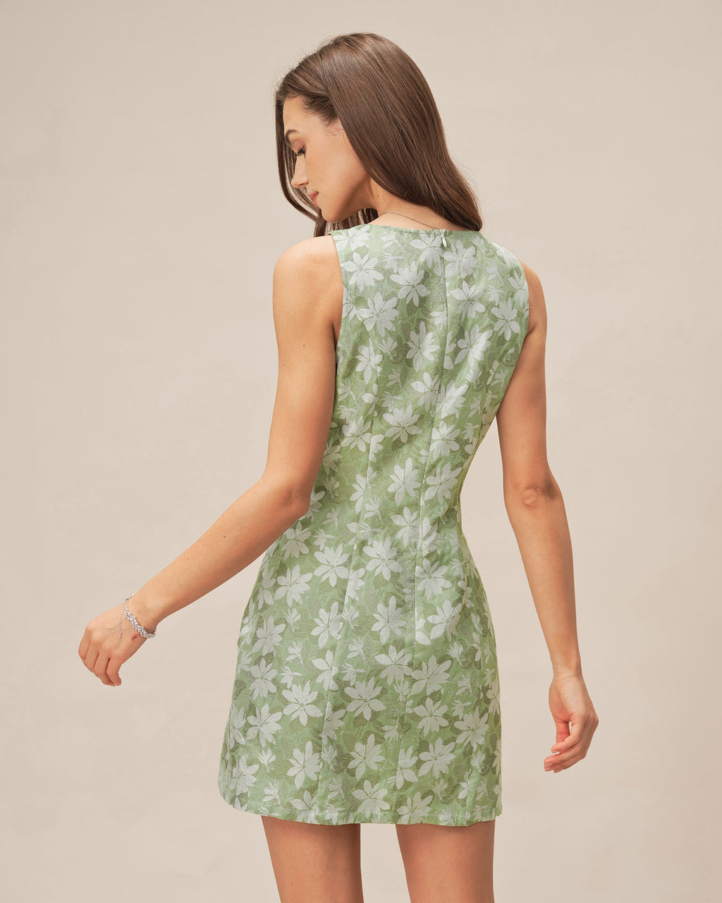 Floral Mini Dress with Green Square Neck and Slit Detail
