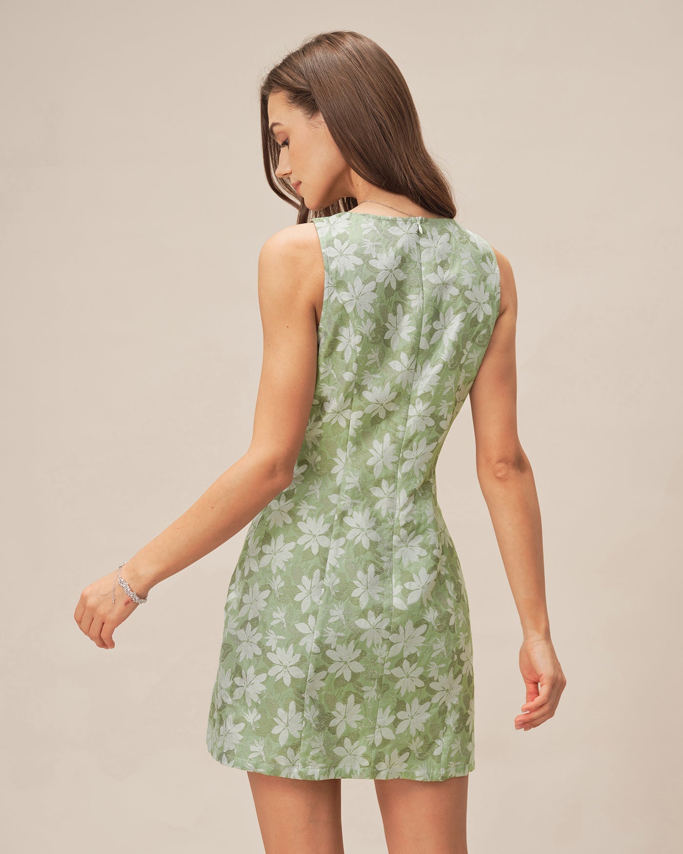 Floral Mini Dress with Green Square Neck and Slit Detail