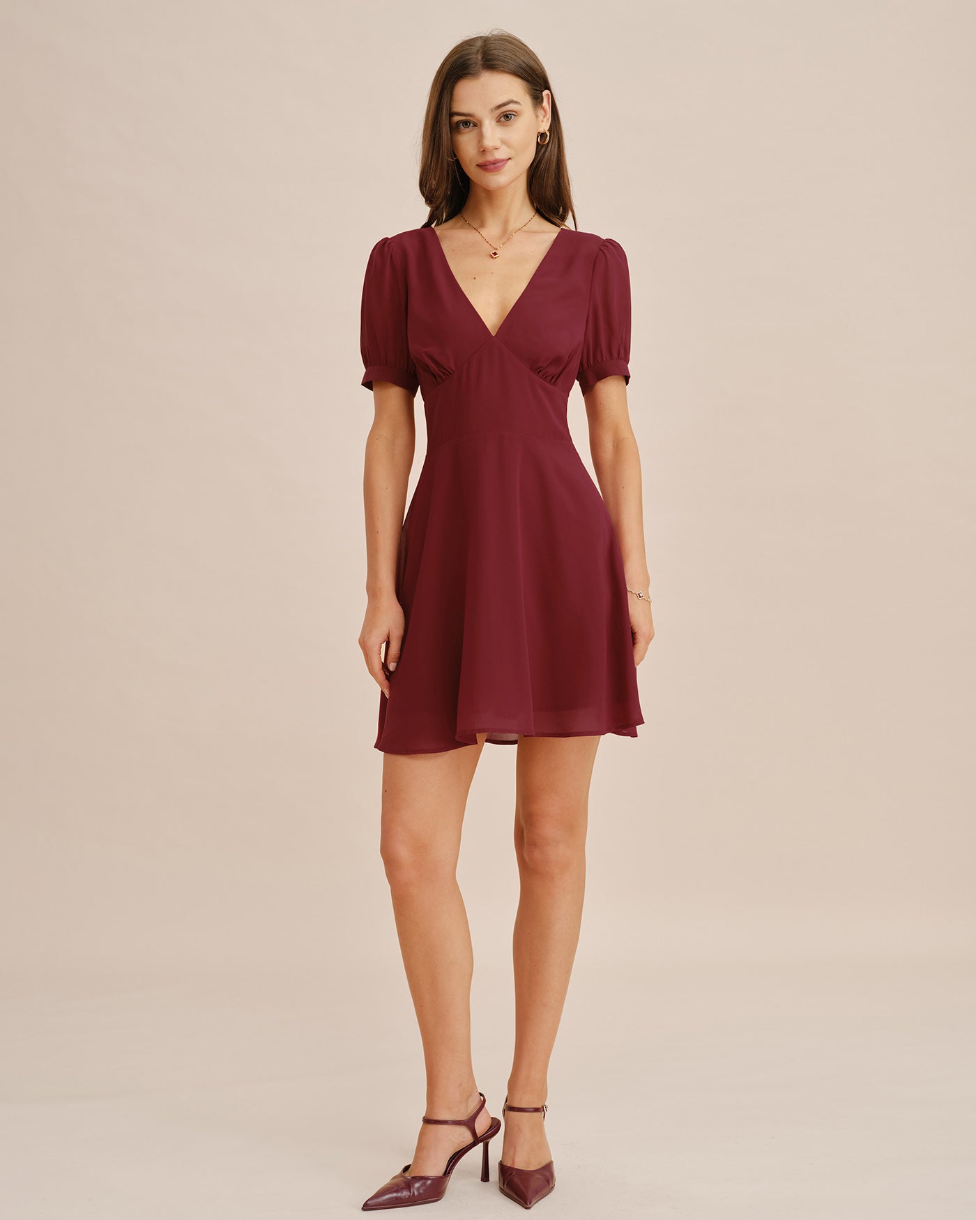 Red Mini Dress with V-Neck and Puffed Sleeves