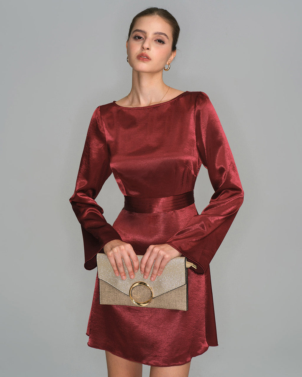 Wine Red Satin Mini Dress with Bell Sleeves