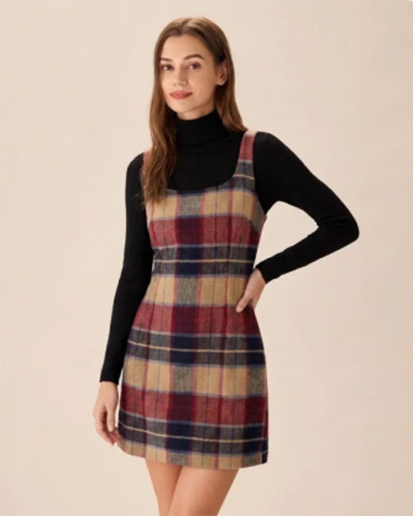Red Plaid U-Neck Mini Dress