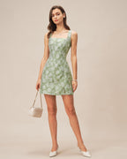 Floral Mini Dress with Green Square Neck and Slit Detail