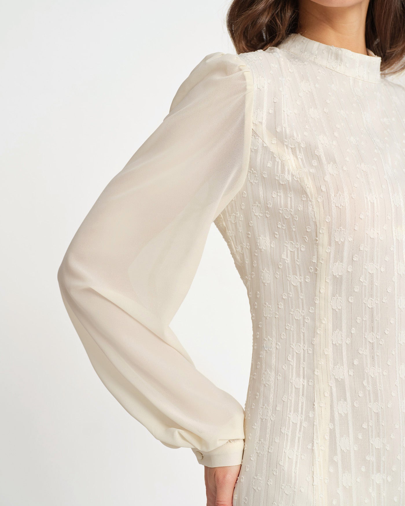 Beige Chiffon Mini Dress with Mock Neck