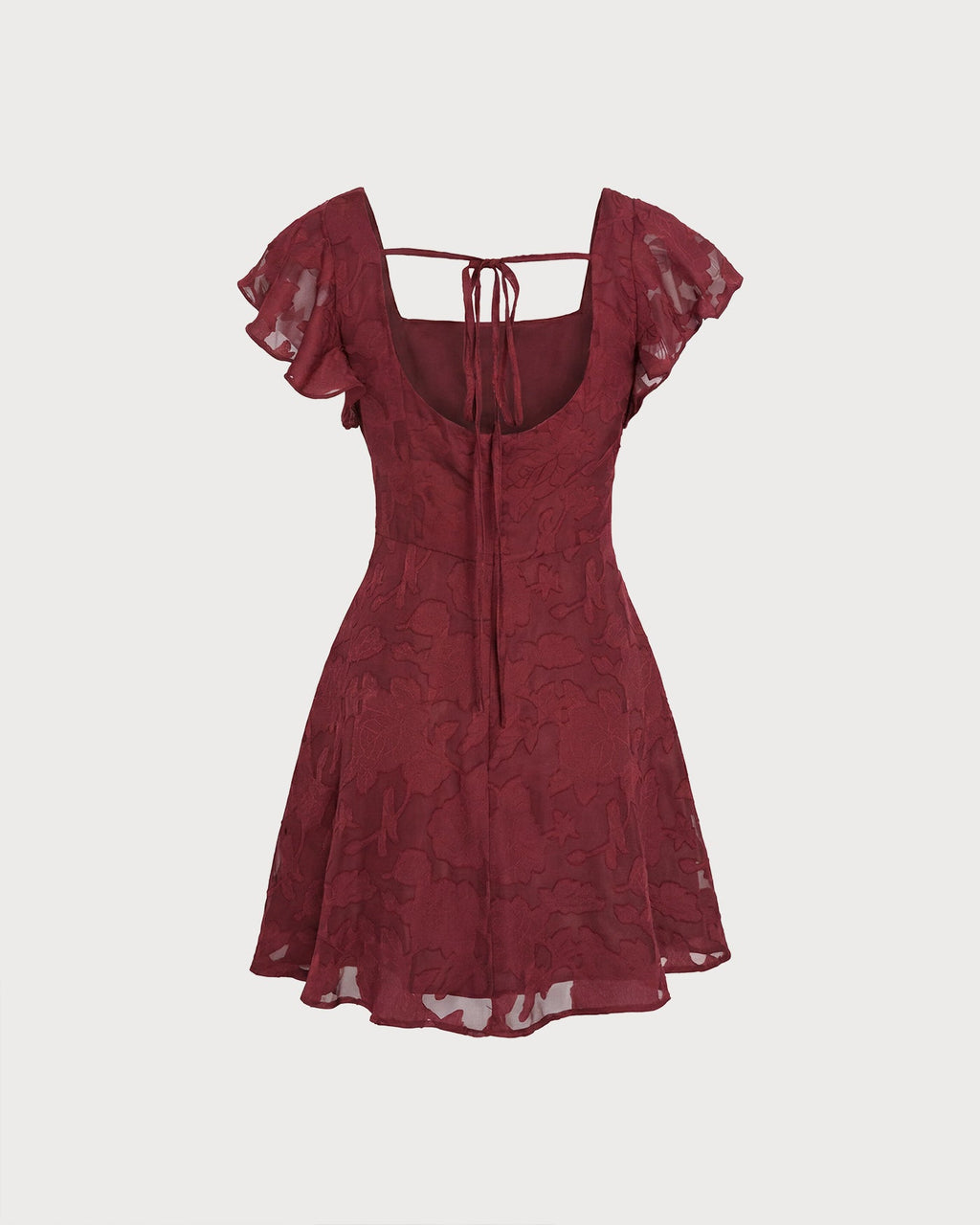Wine Red Jacquard Mini Dress with Square Neckline