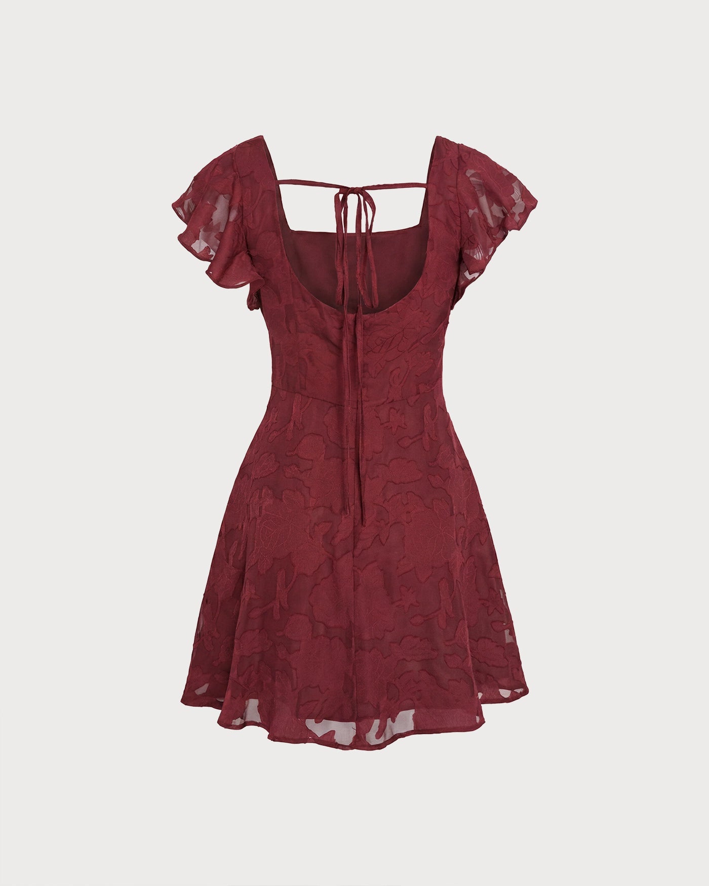 Wine Red Jacquard Mini Dress with Square Neckline