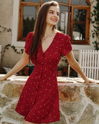 Wine Red V-Neck Mini Dress with Polka Dots