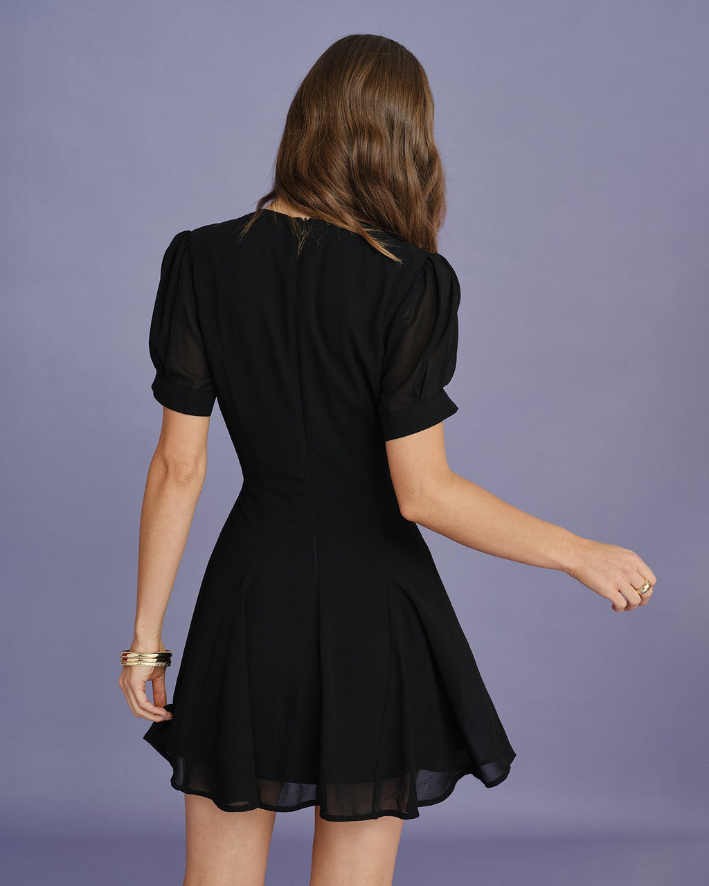 Black Mini Dress with V-Neck and Puffed Sleeves