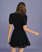 Black Mini Dress with V-Neck and Puffed Sleeves
