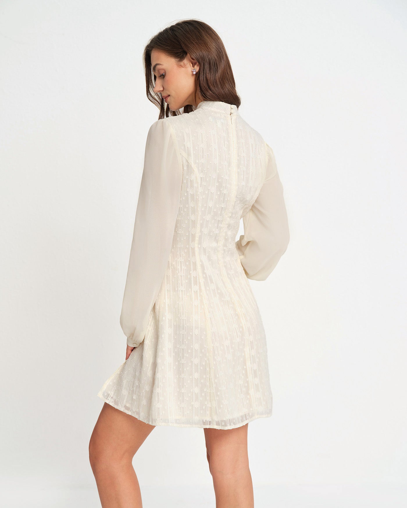 Beige Chiffon Mini Dress with Mock Neck