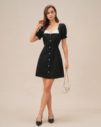 Polka Dot Mini Dress with V-Neck in Black