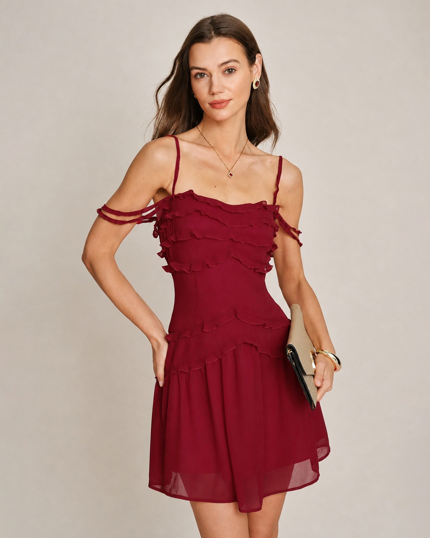 Strapless Mini Dress in Red Chiffon with Ruffle Details