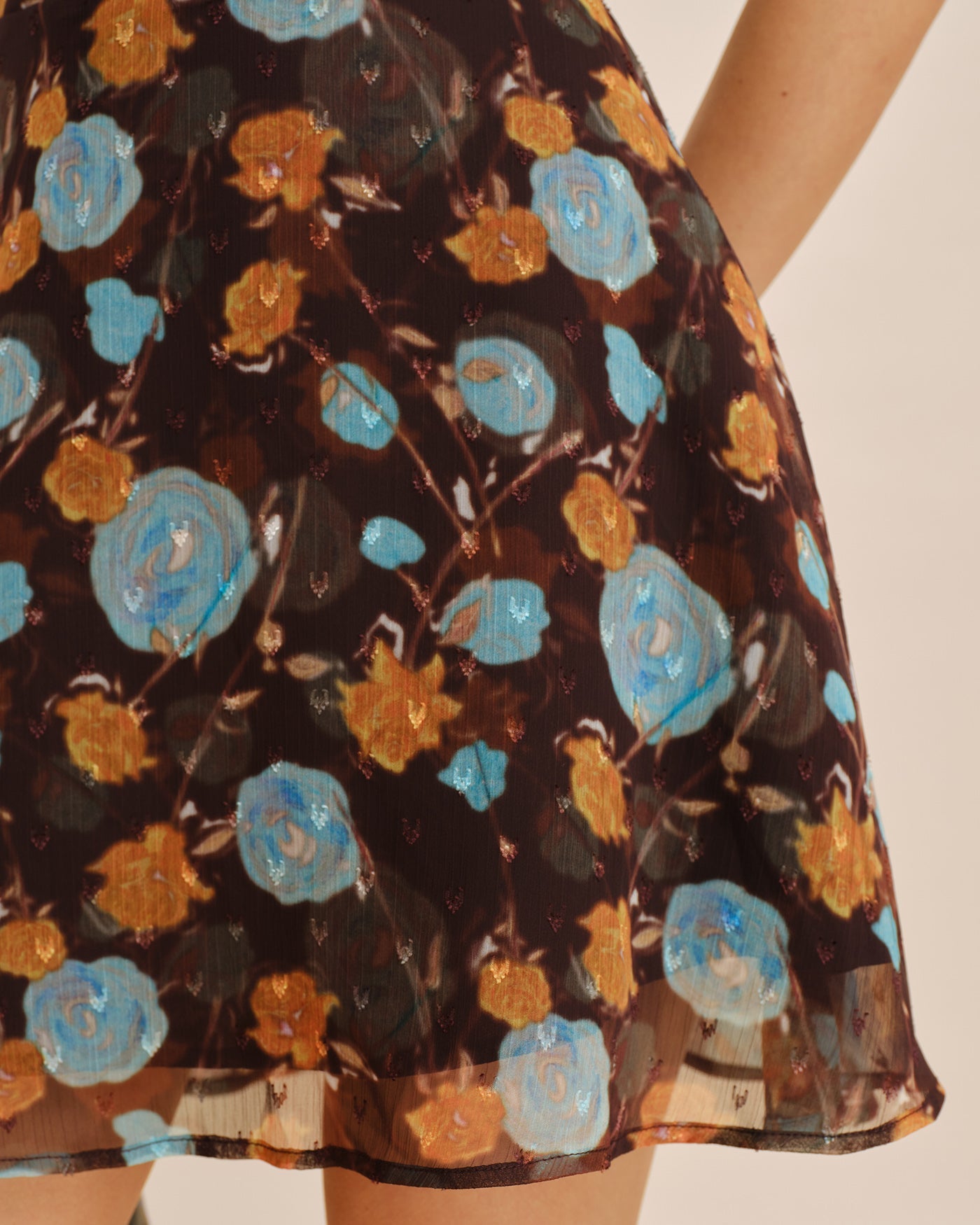 Floral Mini Dress with Boat Neck in Coffee Color