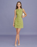 Embroidered Mini Dress with Green Boat Neck