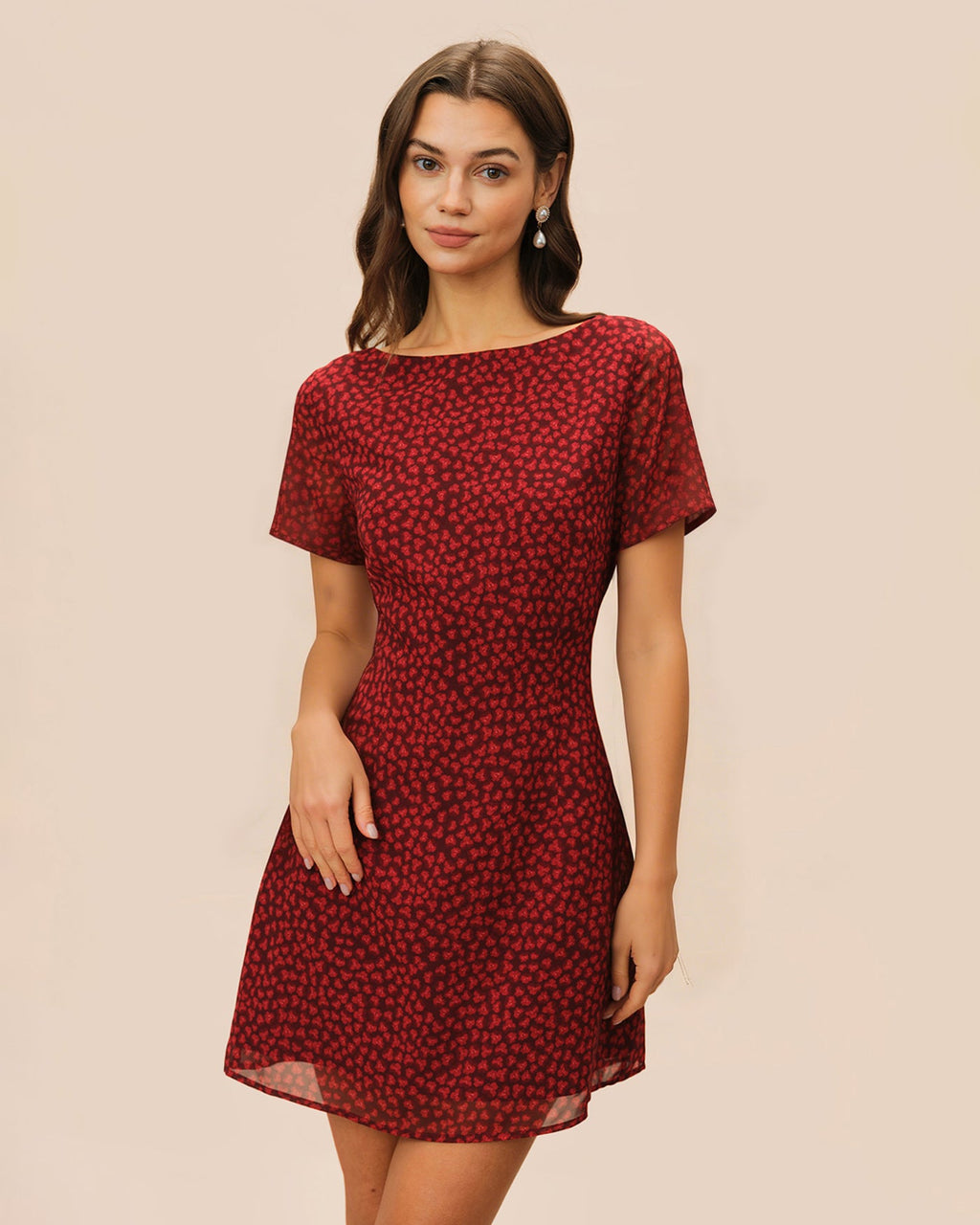 Floral Mini Dress with Red Boat Neck