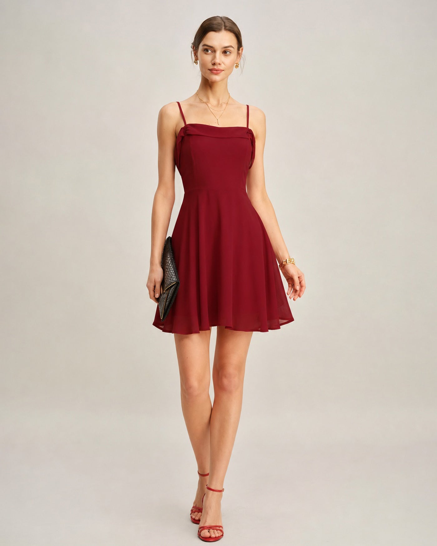 Red Chiffon Mini Dress with Ruched Slip Design