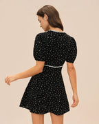 Floral Lace Mini Dress with V-Neck in Black