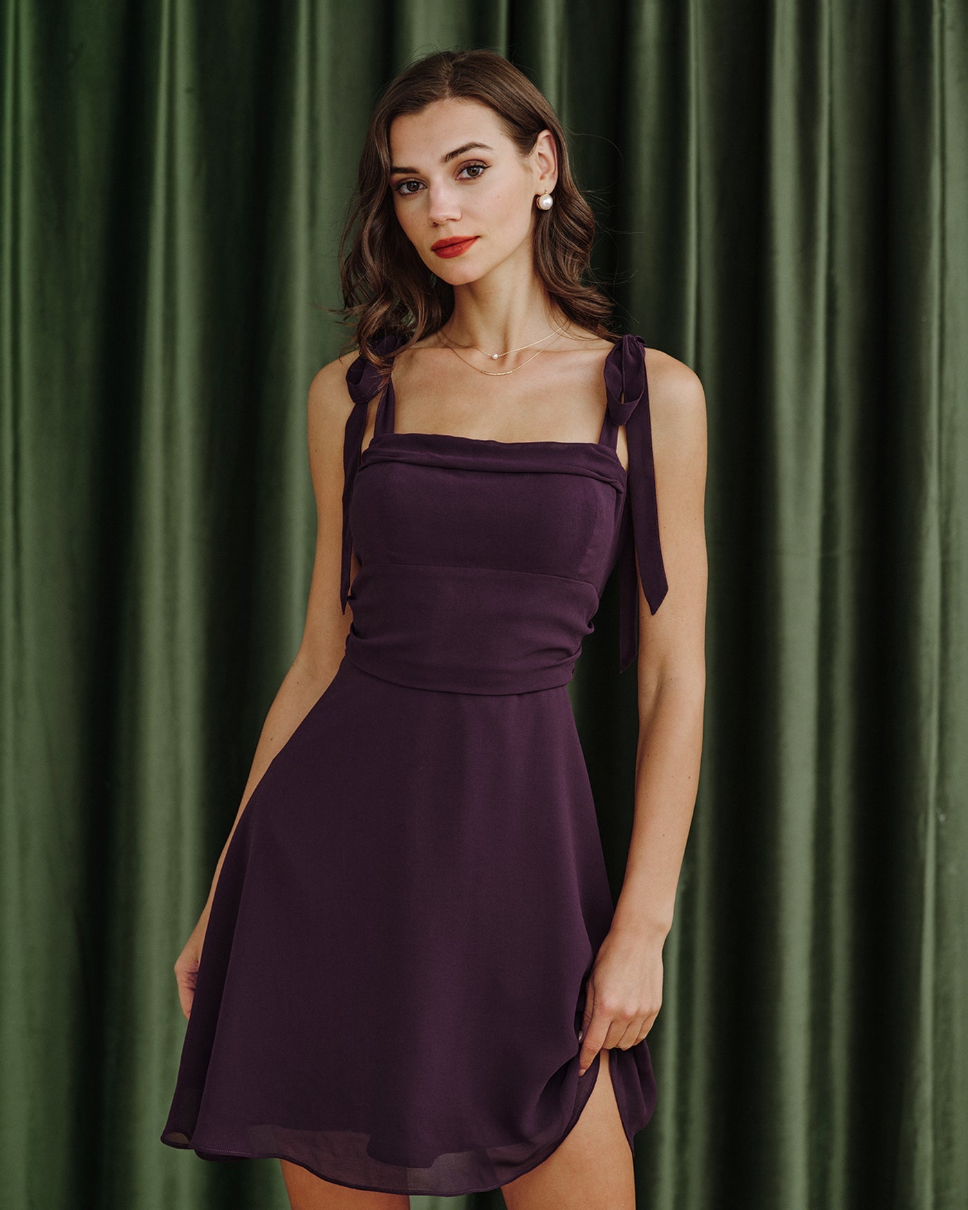 Chiffon Mini Dress with Purple Tie Straps