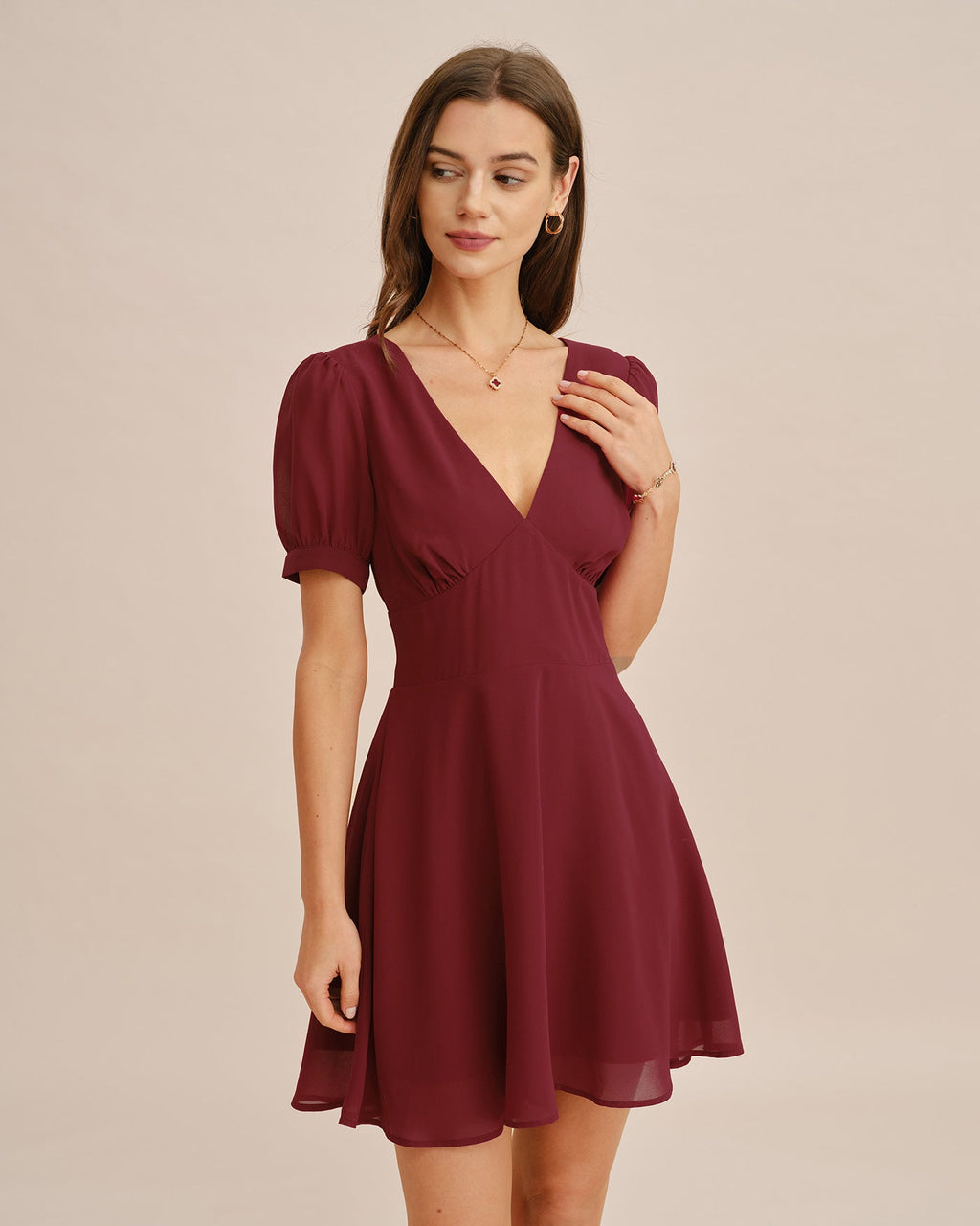Red Mini Dress with V-Neck and Puffed Sleeves