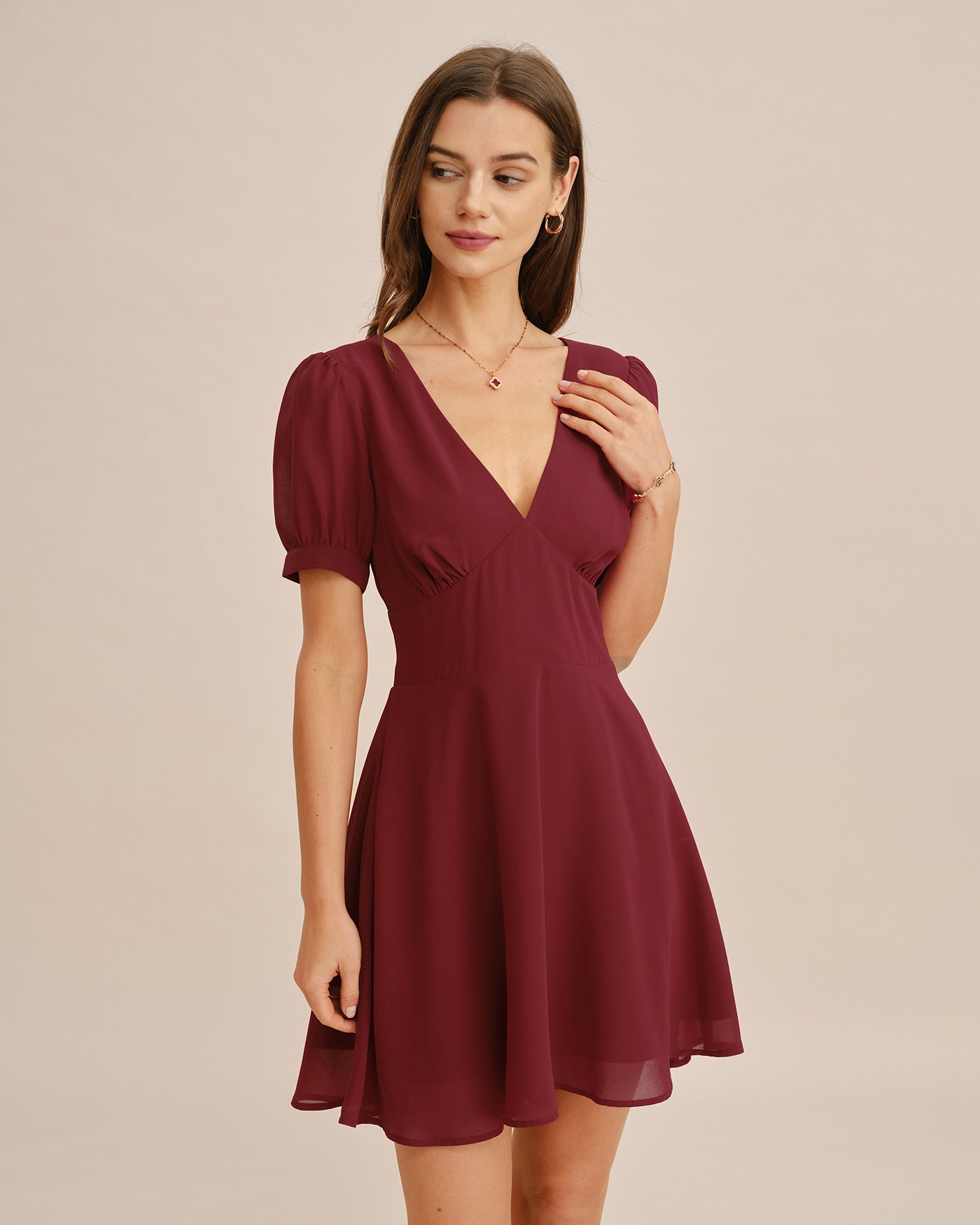 Red Mini Dress with V-Neck and Puffed Sleeves