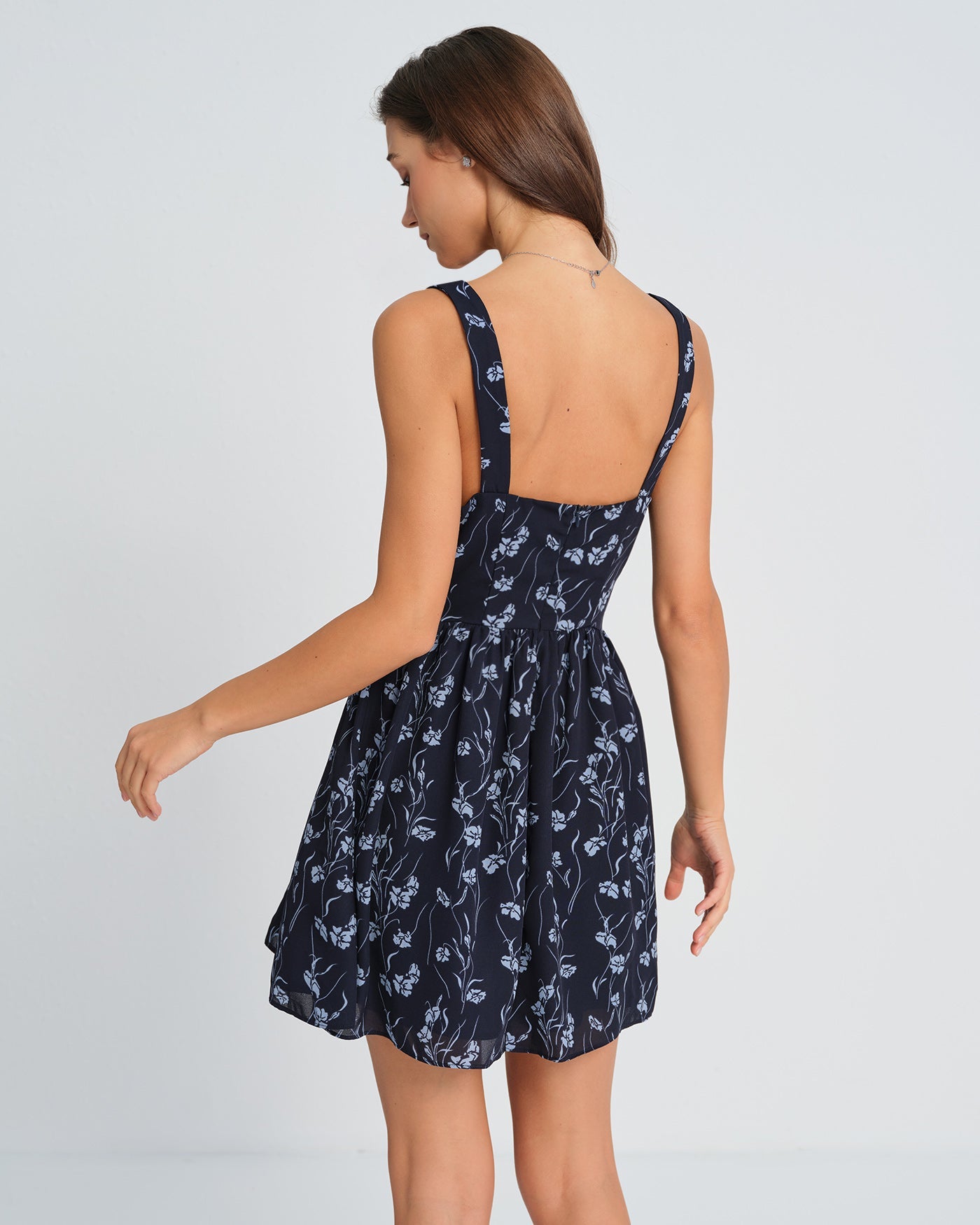 Navy Floral Mini Dress with Sweetheart Neckline