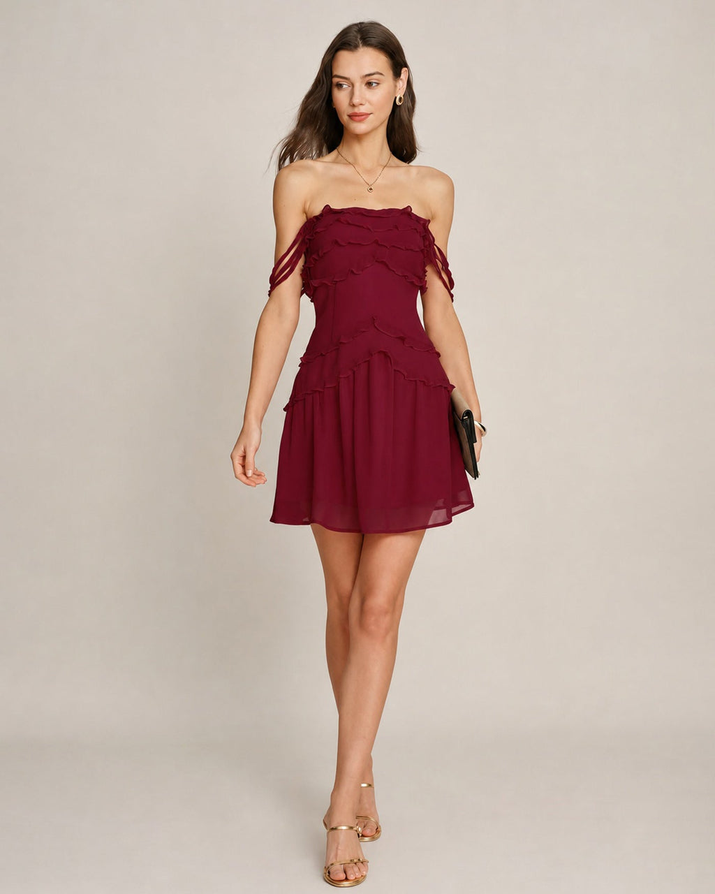Strapless Mini Dress in Red Chiffon with Ruffle Details