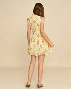 Floral Mini Dress in Soft Yellow with Turtle Print