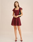 Wine Red Jacquard Mini Dress with Square Neckline