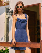 Navy Chiffon Mini Dress with Polka Dot Print