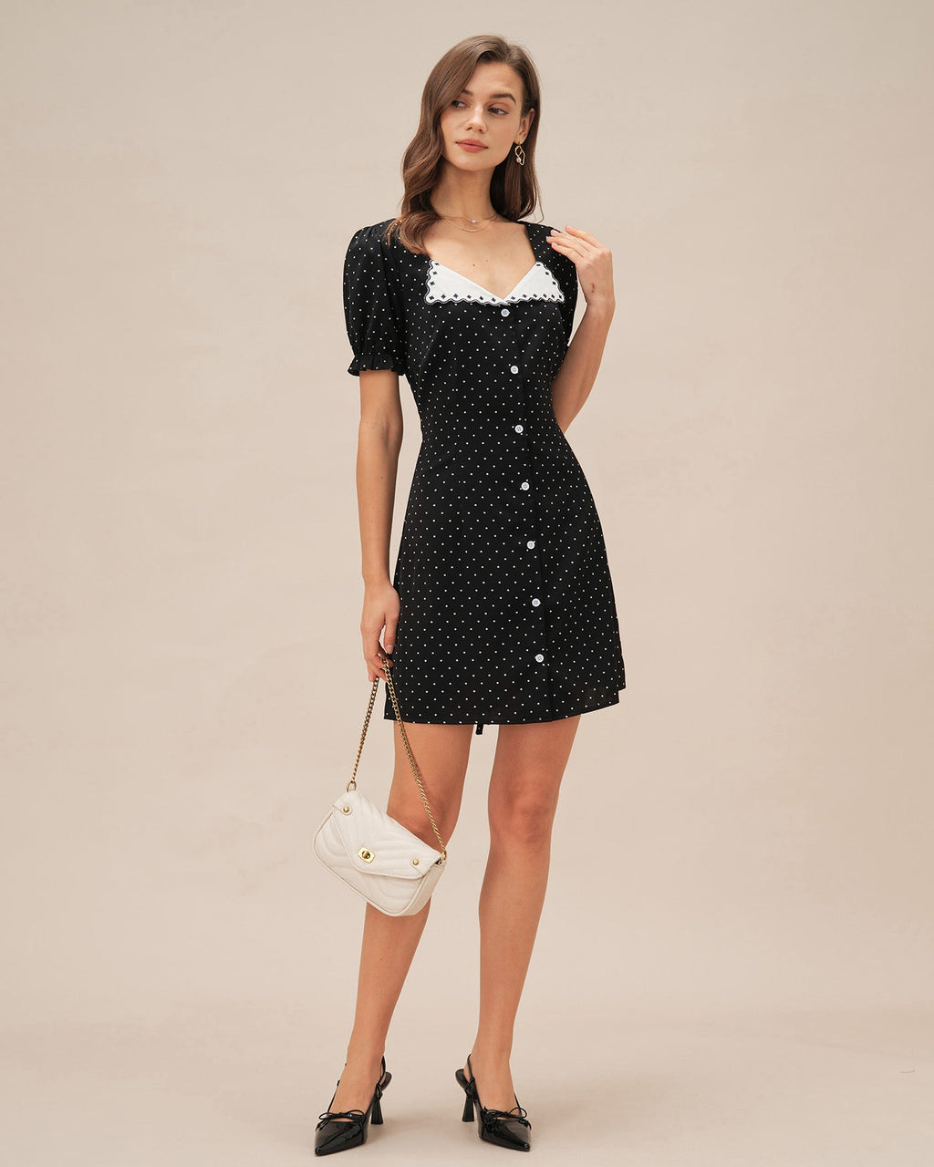 Polka Dot Mini Dress with V-Neck in Black