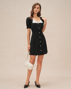 Polka Dot Mini Dress with V-Neck in Black