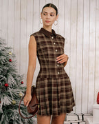 Brown Plaid Sleeveless Mini Dress with Pleated Design