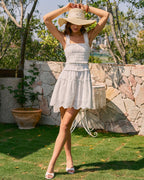 White Shirred Mini Dress with Square Neckline