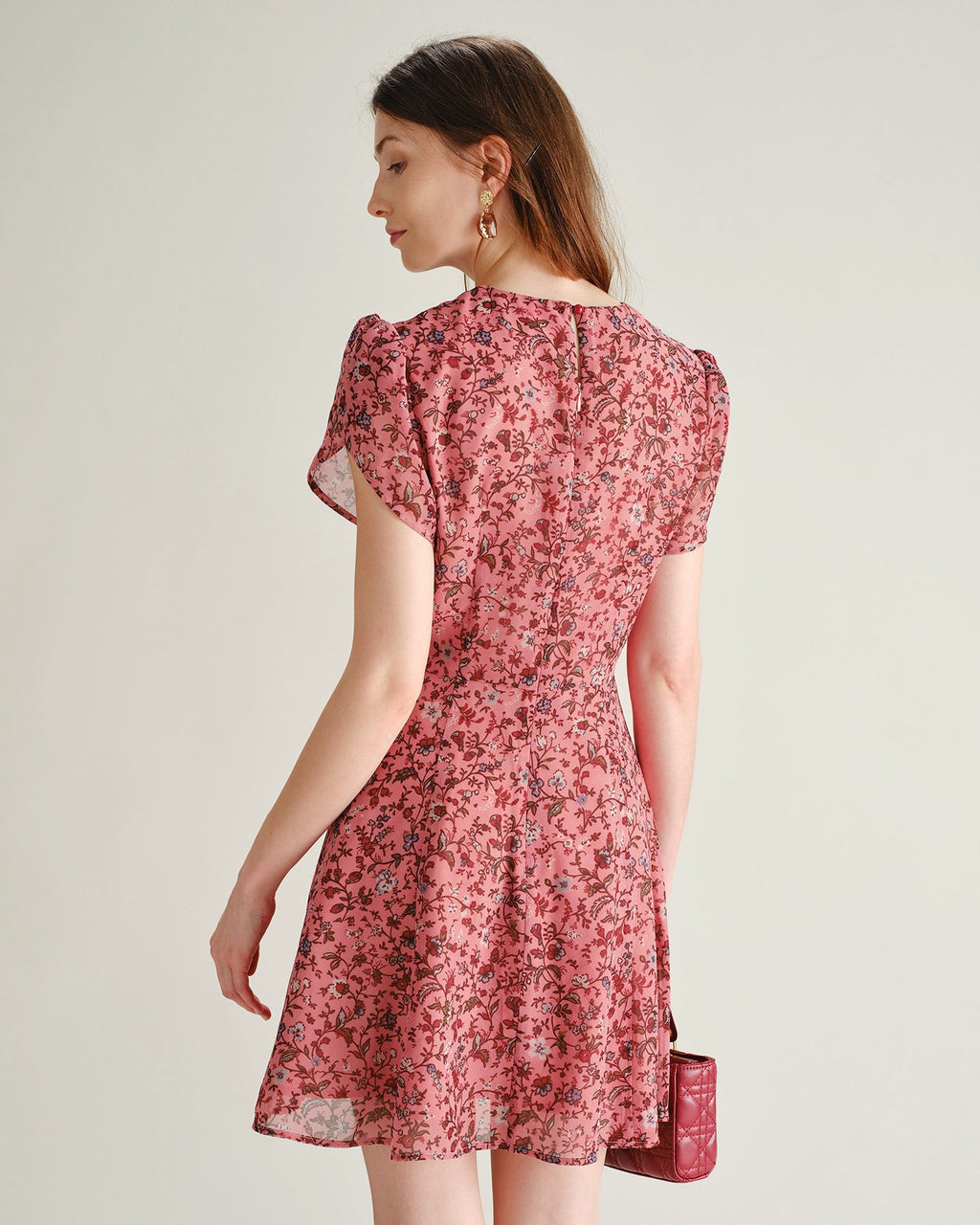 Floral Ruffle Chiffon Mini Dress in Pink