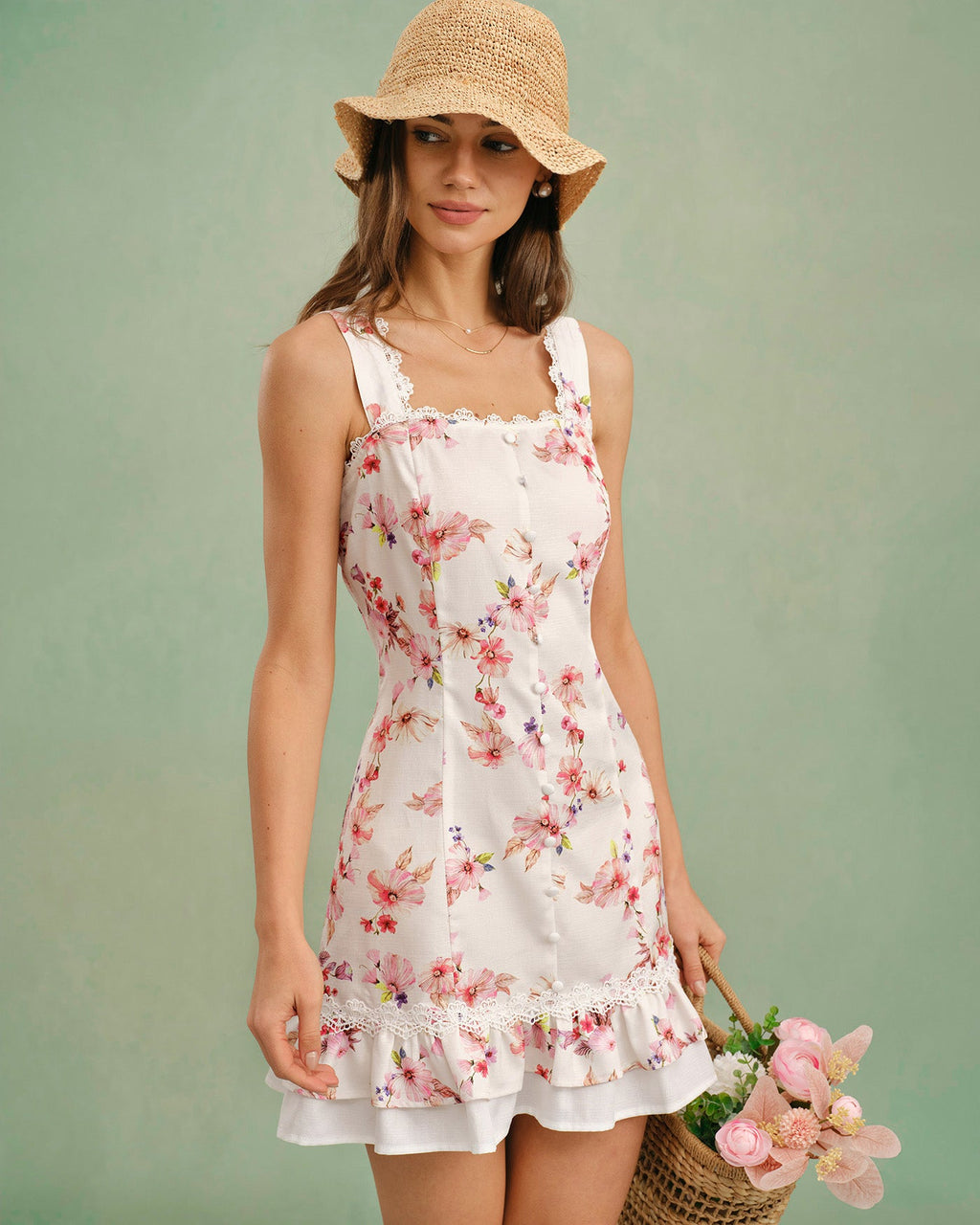 Floral Print Square Neck Mini Dress with Button Details