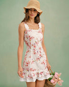 Floral Print Square Neck Mini Dress with Button Details
