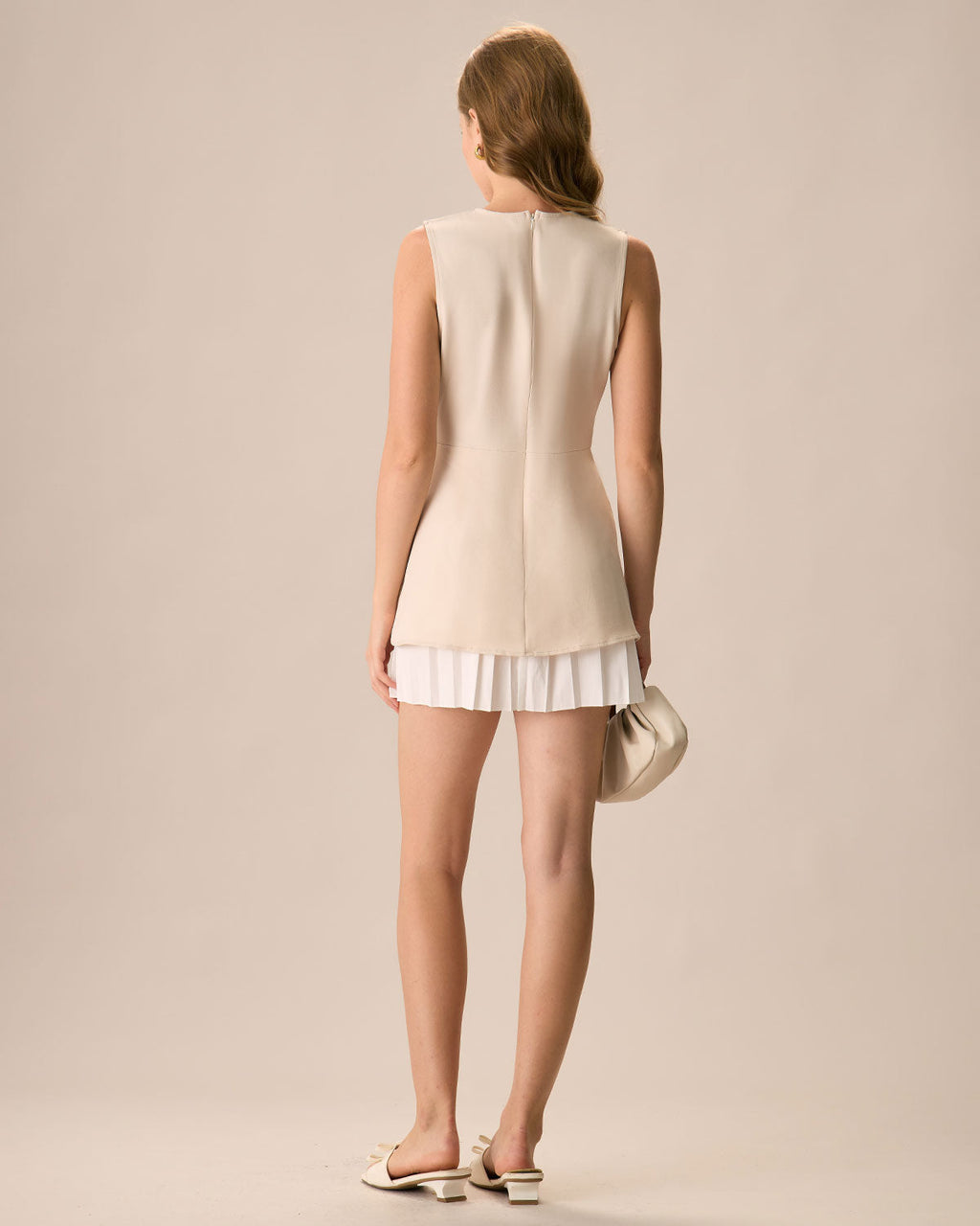 Women's Pleated Mini Dress with Apricot Color Block Design