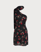 One-Shoulder Mini Dress in Black Jacquard
