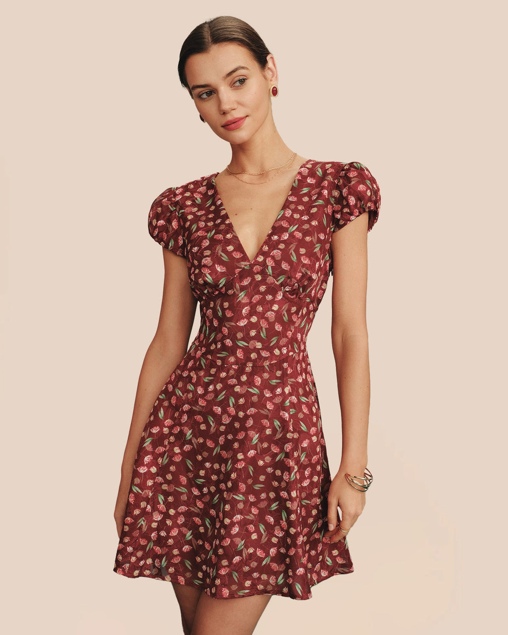 Red Jacquard V-Neck Mini Tunic Dress