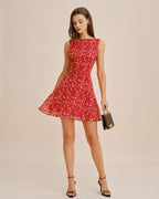 Floral Mini Dress with Red Boat Neck Design