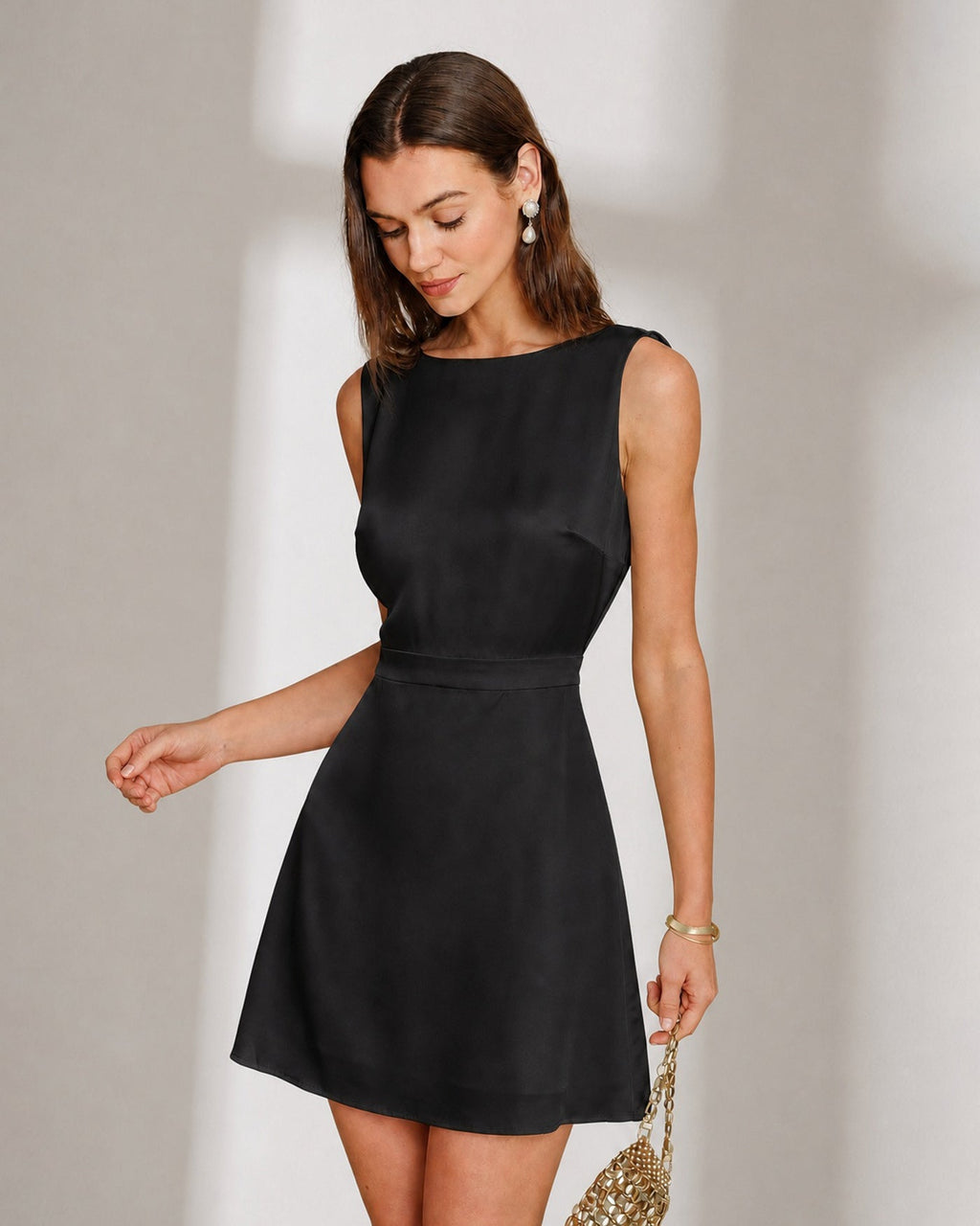 Black A-Line Mini Dress with Boat Neck and Pearl Accents