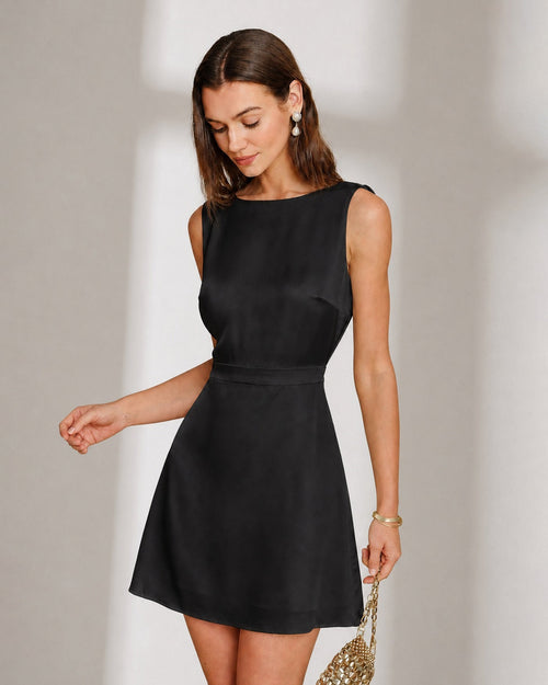 Black A-Line Mini Dress with Boat Neck and Pearl Accents