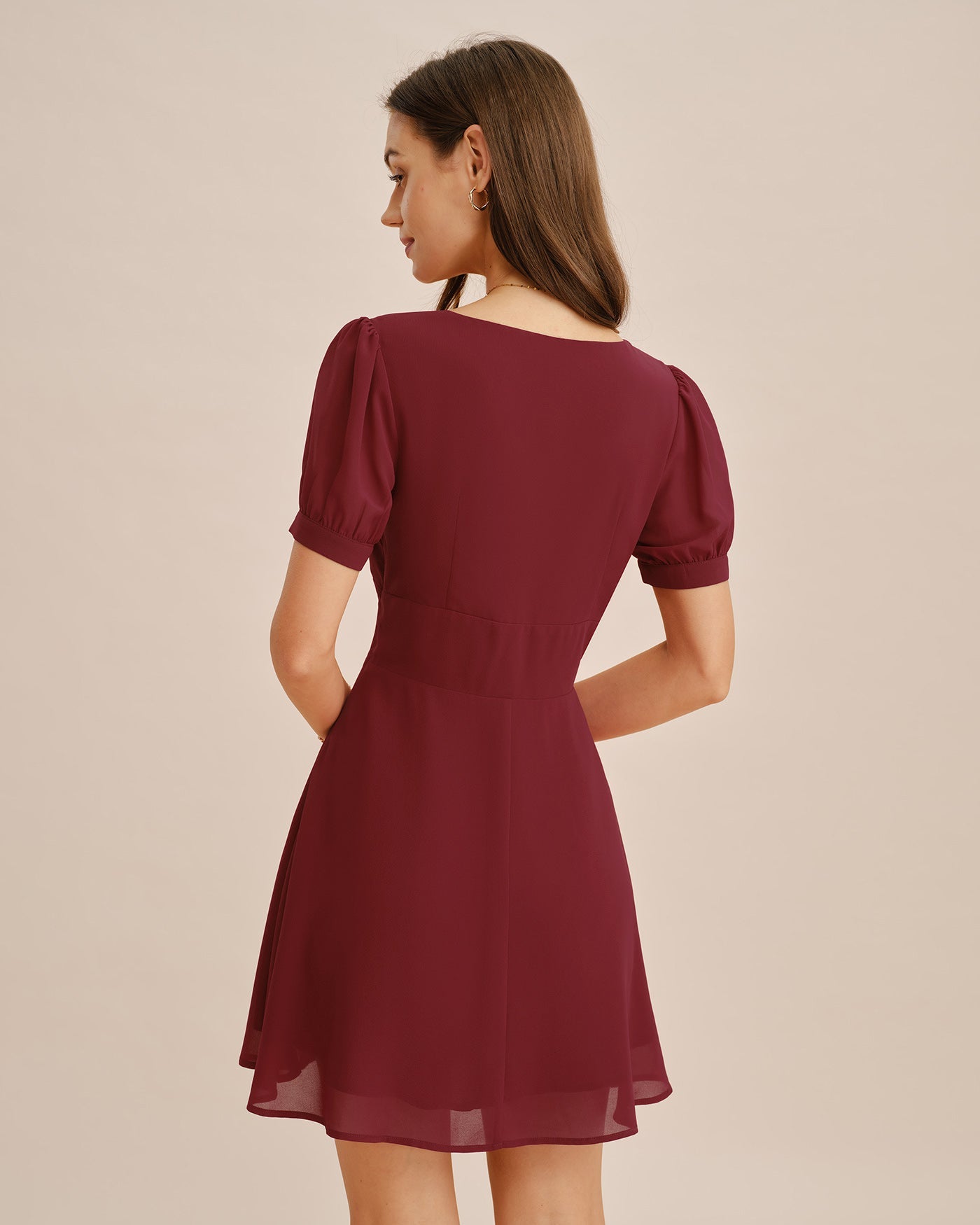 Red Mini Dress with V-Neck and Puffed Sleeves