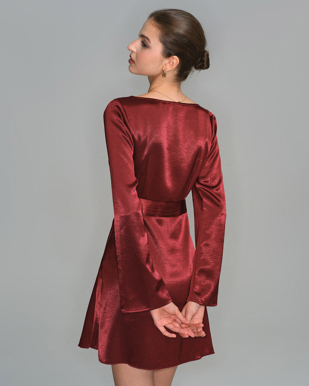 Wine Red Satin Mini Dress with Bell Sleeves