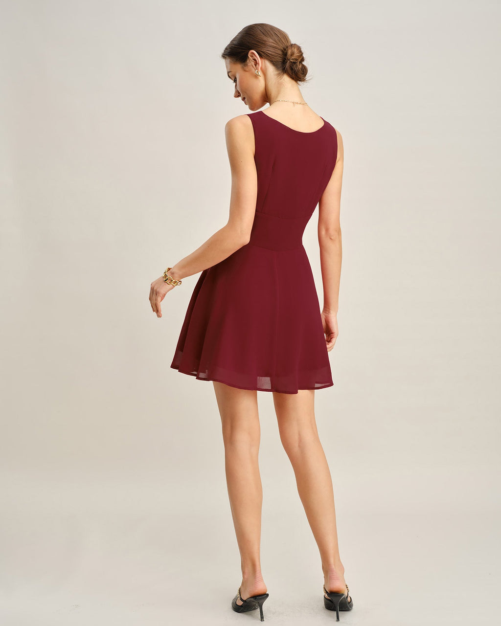 Wine Red Pleated Mini Dress with Boat Neck