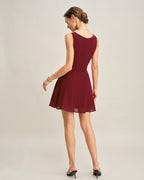 Wine Red Pleated Mini Dress with Boat Neck